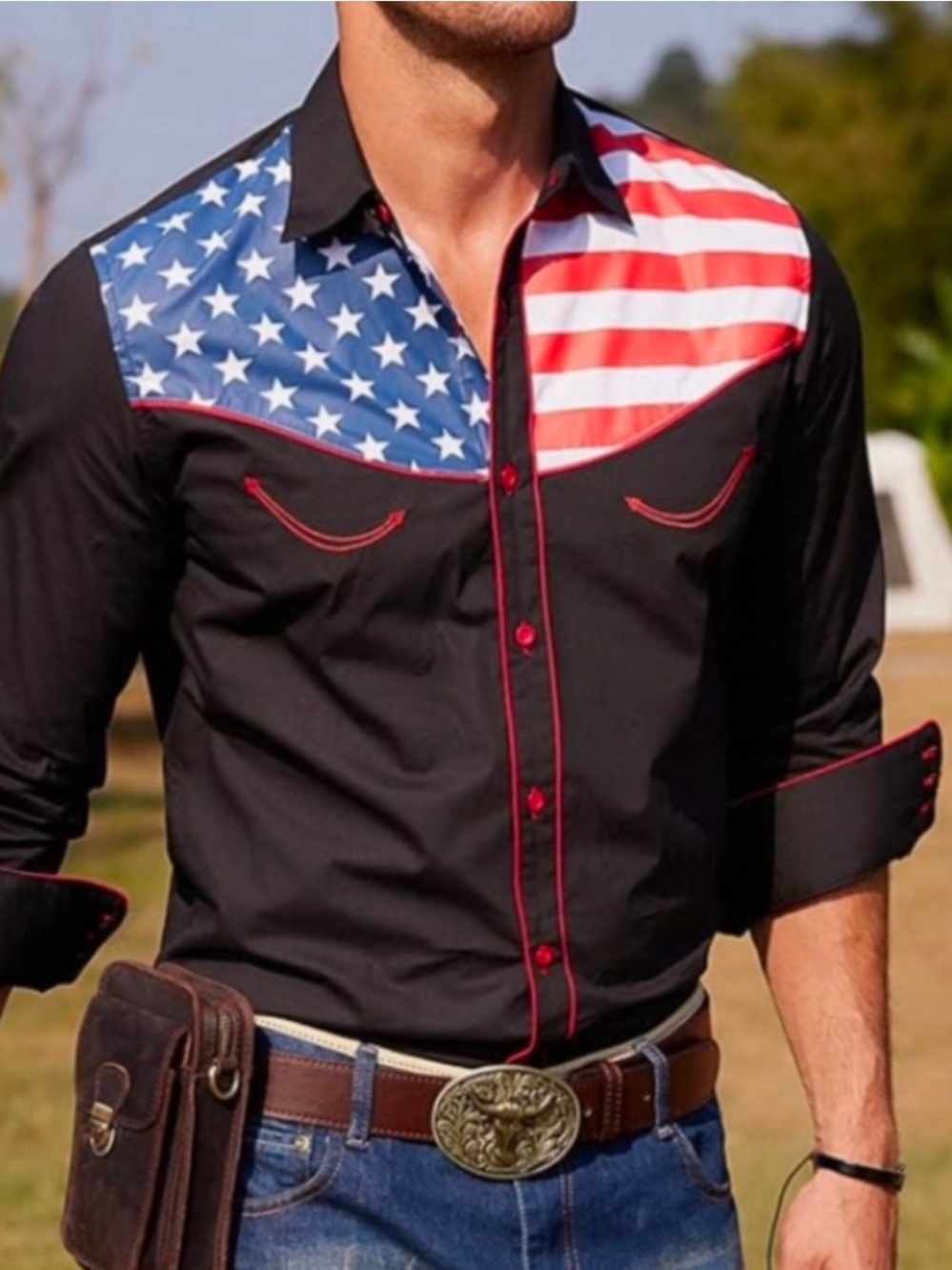 Men's Black Button-Down Shirt with American Flag Yoke